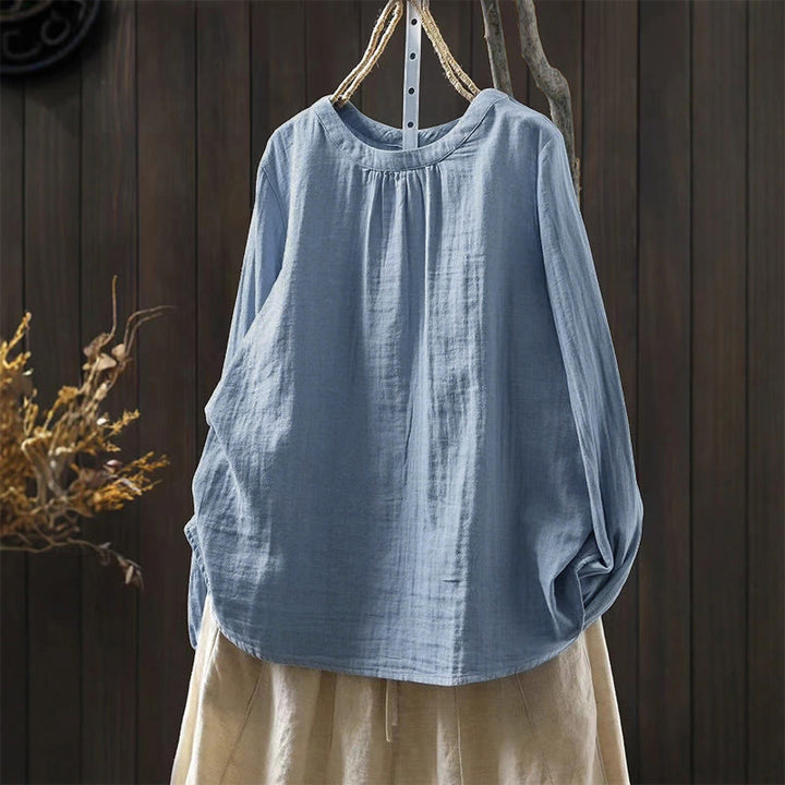 Buddha Stones Fall Crew Neck Back Button Down Design Long Sleeve Women's Cotton Shirt - LightSkyBlue - US6，UK/AU10，EU38 (L) - image 11