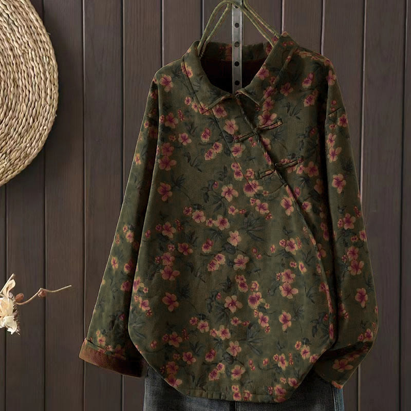 Buddha Stones Winter Flower Green Leaves Frog-Button Stand Collar Long Sleeve Women's Cotton Shirt - OliveDrab - US4-8/10，UK/AU8-12/14，EU36-40/42 (F) - image 0