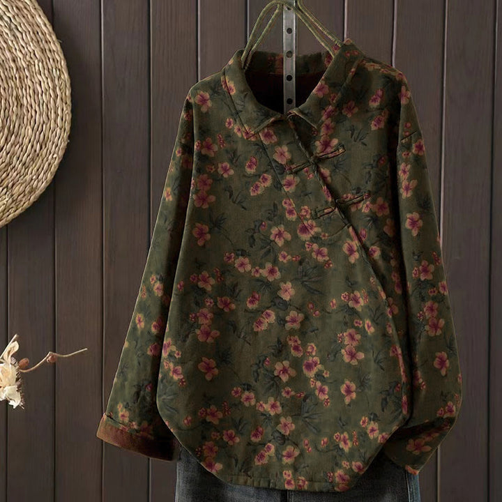 Buddha Stones Winter Flower Green Leaves Frog-Button Stand Collar Long Sleeve Women's Cotton Shirt - OliveDrab - US4-8/10，UK/AU8-12/14，EU36-40/42 (F) - image 0