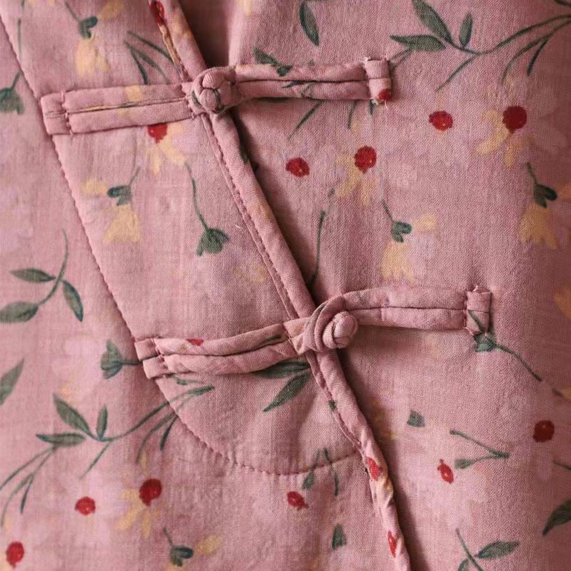 Buddha Stones Winter Flower Green Leaves Frog-Button Stand Collar Long Sleeve Women's Cotton Shirt - image 7