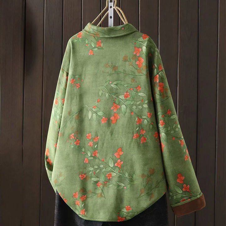Buddha Stones Winter Flower Green Leaves Frog-Button Stand Collar Long Sleeve Women's Cotton Shirt - image 9