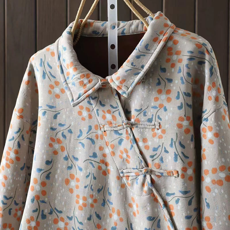 Buddha Stones Winter Flower Green Leaves Frog-Button Stand Collar Long Sleeve Women's Cotton Shirt - image 14