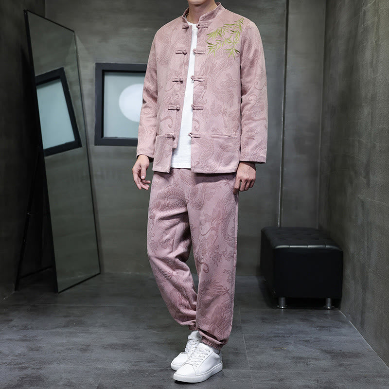 Buddha Stones 2Pcs Spring Dragon Bamboo Clouds Men's Tang Suit Frog-Button Cotton Long Sleeve Jacket Pants Set With Pockets - MistyRose - US/UK/AU46，EU56 (5XL) - image 30