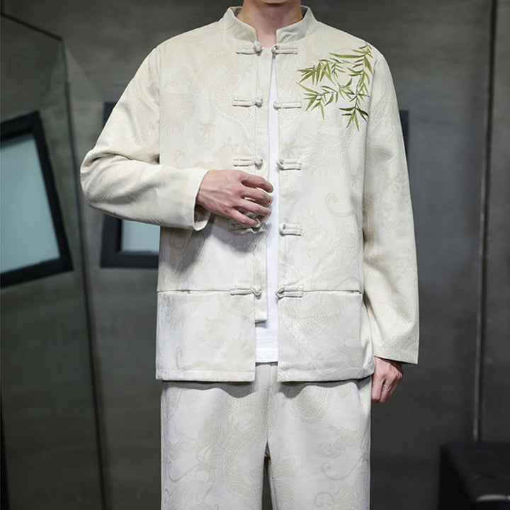 Buddha Stones 2Pcs Spring Dragon Bamboo Clouds Men's Tang Suit Frog-Button Cotton Long Sleeve Jacket Pants Set With Pockets - image 7