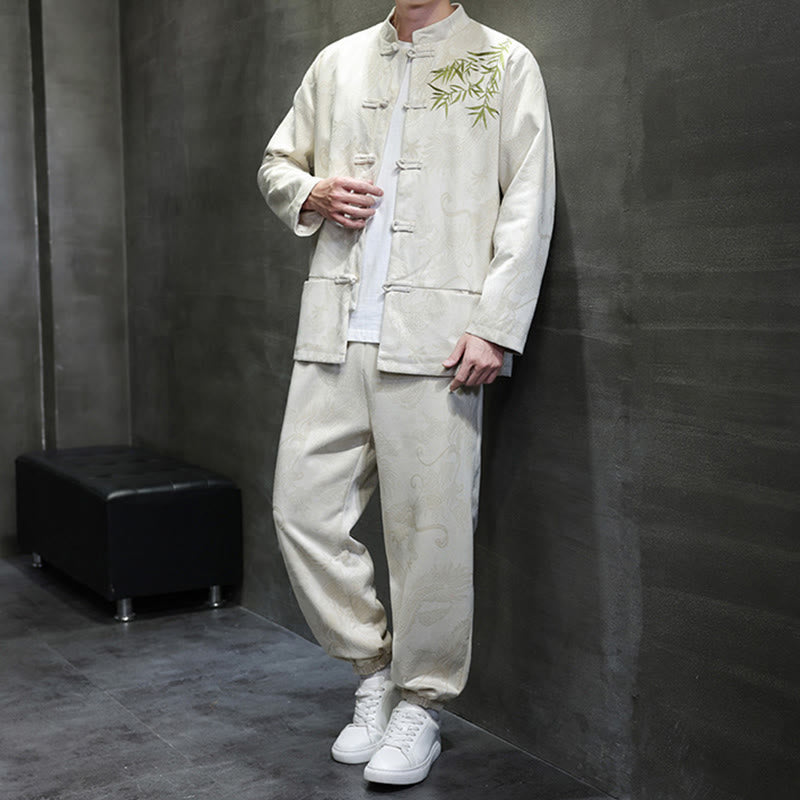 Buddha Stones 2Pcs Spring Dragon Bamboo Clouds Men's Tang Suit Frog-Button Cotton Long Sleeve Jacket Pants Set With Pockets - image 2