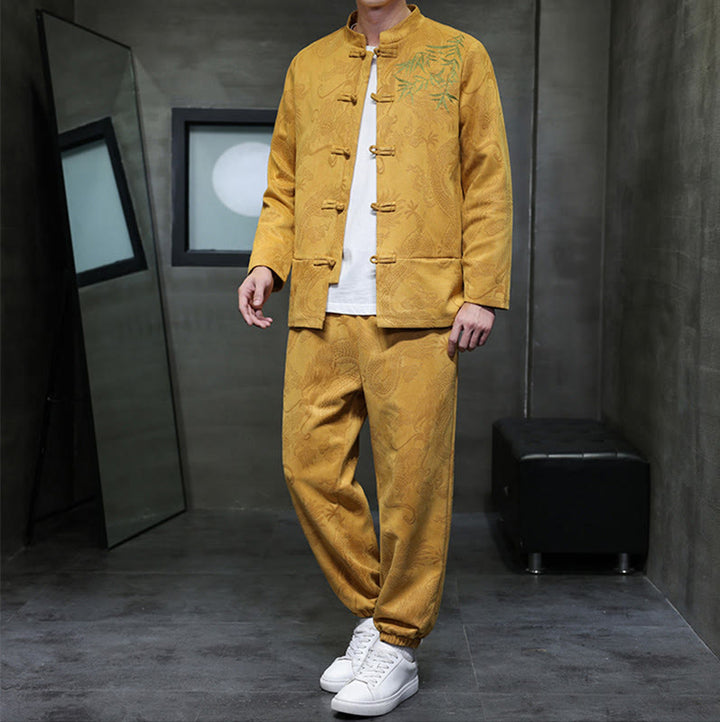 Buddha Stones 2Pcs Spring Dragon Bamboo Clouds Men's Tang Suit Frog-Button Cotton Long Sleeve Jacket Pants Set With Pockets - image 9