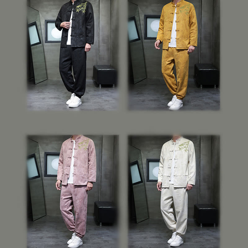 Buddha Stones 2Pcs Spring Dragon Bamboo Clouds Men's Tang Suit Frog-Button Cotton Long Sleeve Jacket Pants Set With Pockets - image 39