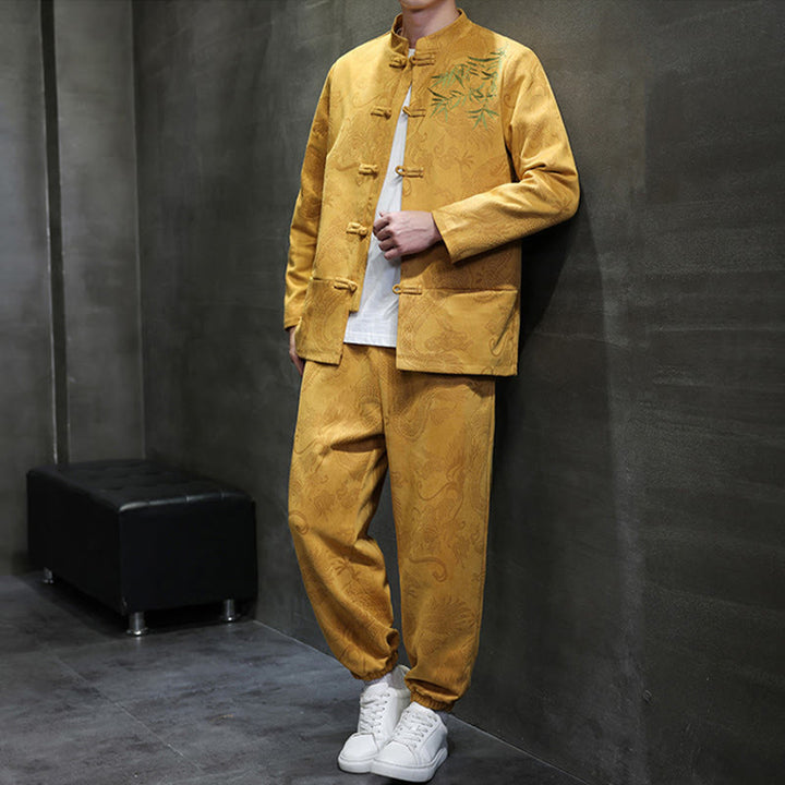 Buddha Stones 2Pcs Spring Dragon Bamboo Clouds Men's Tang Suit Frog-Button Cotton Long Sleeve Jacket Pants Set With Pockets - image 12