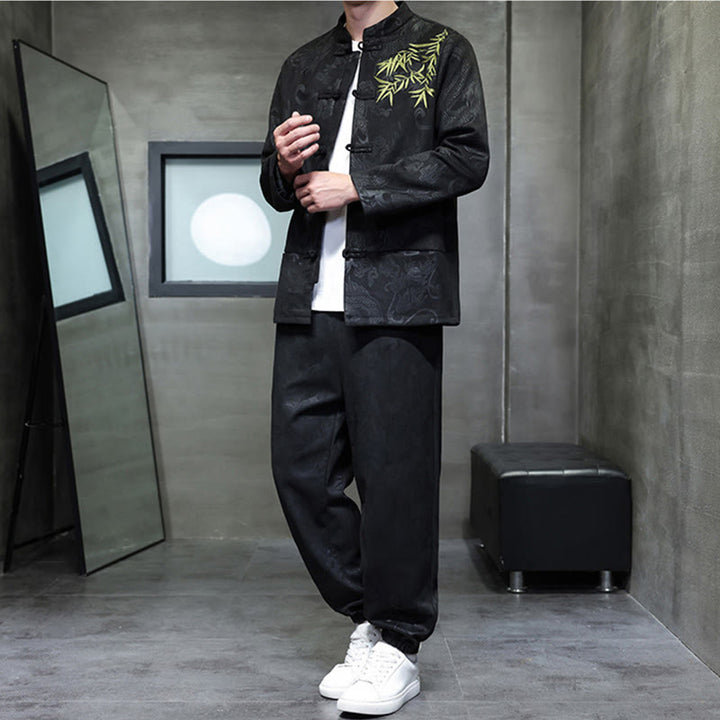 Buddha Stones 2Pcs Spring Dragon Bamboo Clouds Men's Tang Suit Frog-Button Cotton Long Sleeve Jacket Pants Set With Pockets - image 27