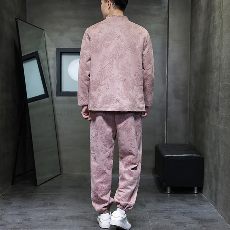 Buddha Stones 2Pcs Spring Dragon Bamboo Clouds Men's Tang Suit Frog-Button Cotton Long Sleeve Jacket Pants Set With Pockets - image 33