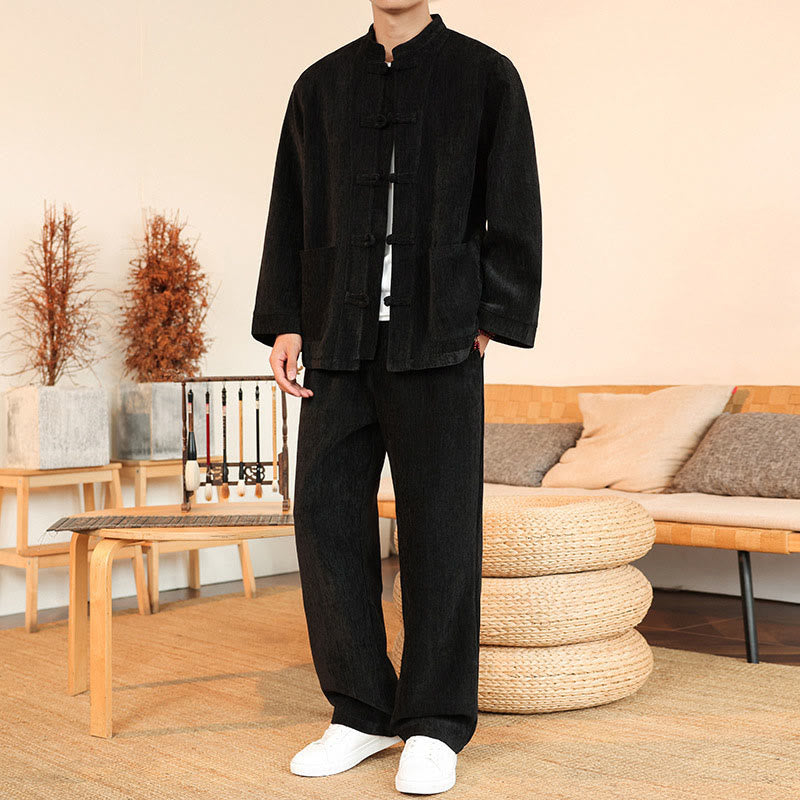 Buddha Stones 2Pcs Winter Thick Men's Tang Suit Frog-Button Cotton Corduroy Long Sleeve Jacket Pants Set With Pockets - Black - US/UK/AU46，EU56 (5XL) - image 22