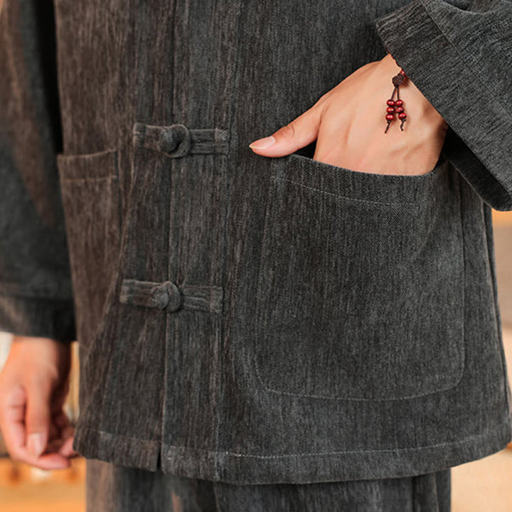 Buddha Stones 2Pcs Winter Thick Men's Tang Suit Frog-Button Cotton Corduroy Long Sleeve Jacket Pants Set With Pockets - image 18