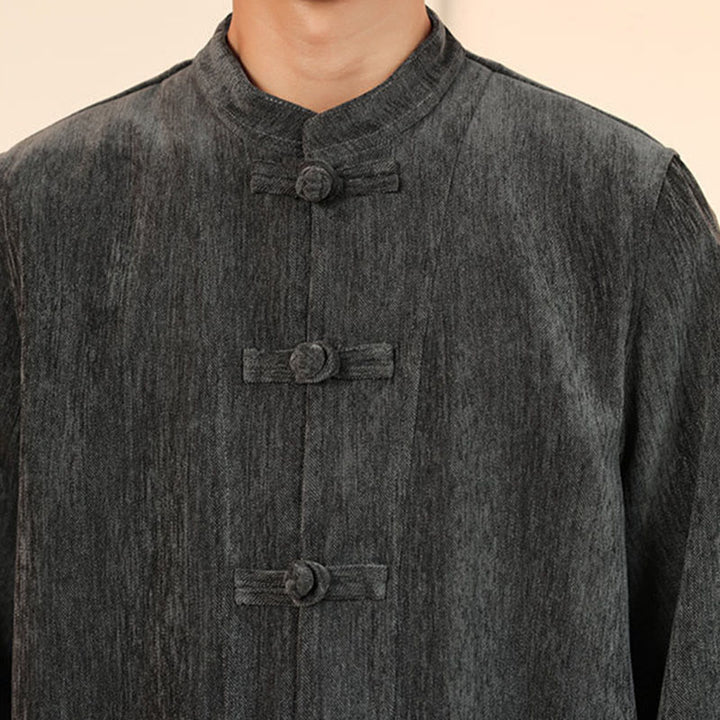 Buddha Stones 2Pcs Winter Thick Men's Tang Suit Frog-Button Cotton Corduroy Long Sleeve Jacket Pants Set With Pockets - image 19