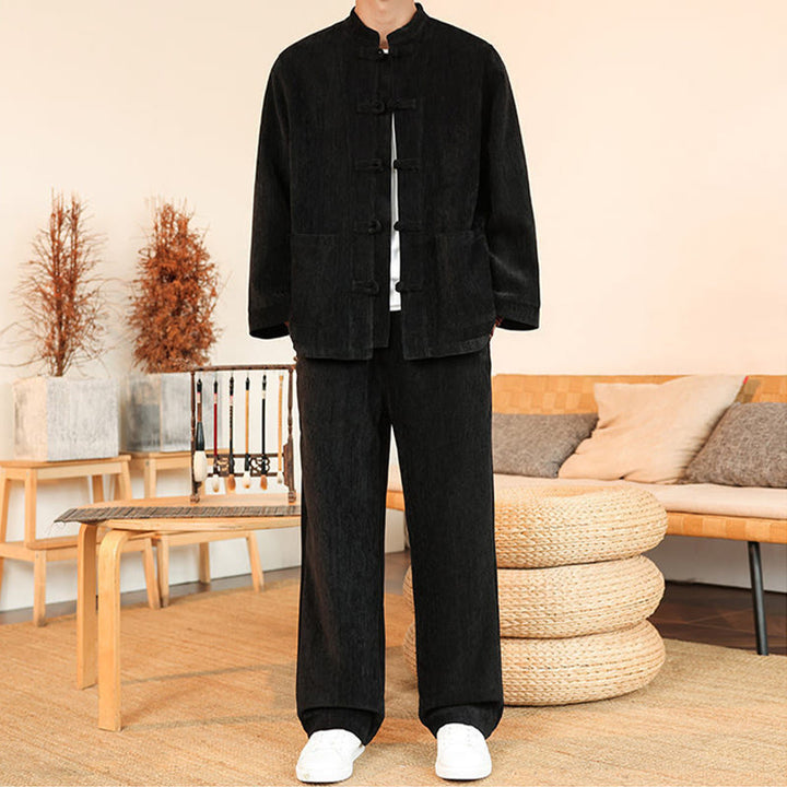 Buddha Stones 2Pcs Winter Thick Men's Tang Suit Frog-Button Cotton Corduroy Long Sleeve Jacket Pants Set With Pockets - image 23