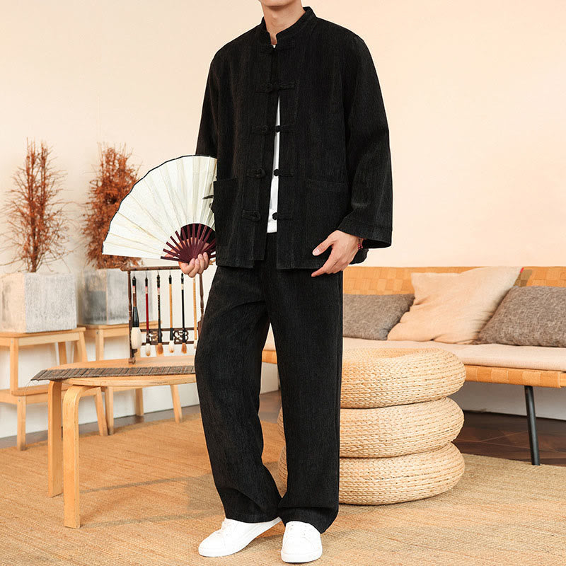 Buddha Stones 2Pcs Winter Thick Men's Tang Suit Frog-Button Cotton Corduroy Long Sleeve Jacket Pants Set With Pockets - image 24