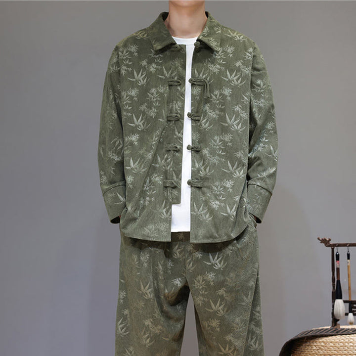 Buddha Stones 2Pcs Winter Thick Bamboo Men's Tang Suit Frog-Button Cotton Corduroy Long Sleeve Jacket Pants Set With Pockets - image 7