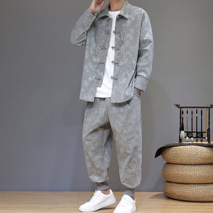 Buddha Stones 2Pcs Winter Thick Bamboo Men's Tang Suit Frog-Button Cotton Corduroy Long Sleeve Jacket Pants Set With Pockets - image 17