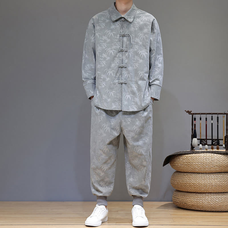 Buddha Stones 2Pcs Winter Thick Bamboo Men's Tang Suit Frog-Button Cotton Corduroy Long Sleeve Jacket Pants Set With Pockets - image 16