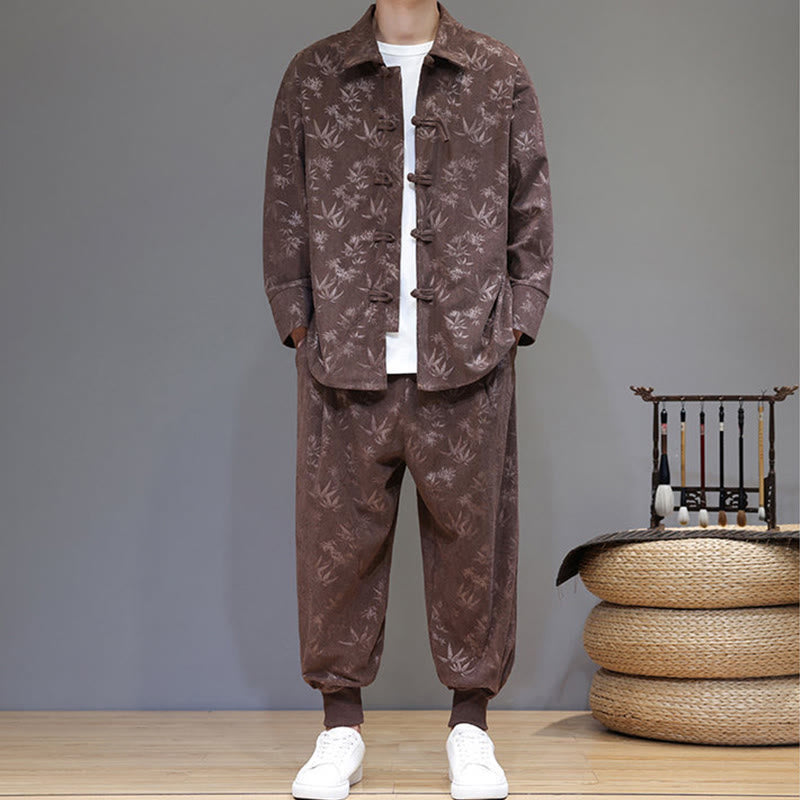 Buddha Stones 2Pcs Winter Thick Bamboo Men's Tang Suit Frog-Button Cotton Corduroy Long Sleeve Jacket Pants Set With Pockets - image 34