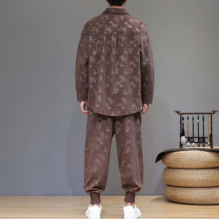 Buddha Stones 2Pcs Winter Thick Bamboo Men's Tang Suit Frog-Button Cotton Corduroy Long Sleeve Jacket Pants Set With Pockets - image 33