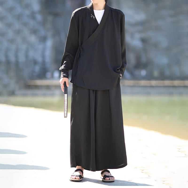 Buddha Stones 2Pcs Fall Lace-up Bamboo Embroidery Cotton Kimono Ankle-Length Pants With Pockets Men's Meditation Cloth Set - image 2