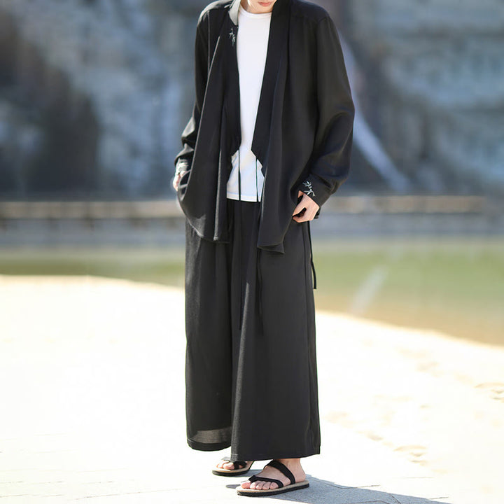 Buddha Stones 2Pcs Fall Lace-up Bamboo Embroidery Cotton Kimono Ankle-Length Pants With Pockets Men's Meditation Cloth Set - image 1