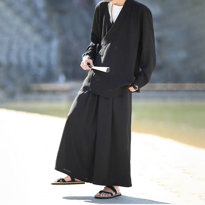 Buddha Stones 2Pcs Fall Lace-up Bamboo Embroidery Cotton Kimono Ankle-Length Pants With Pockets Men's Meditation Cloth Set - image 5