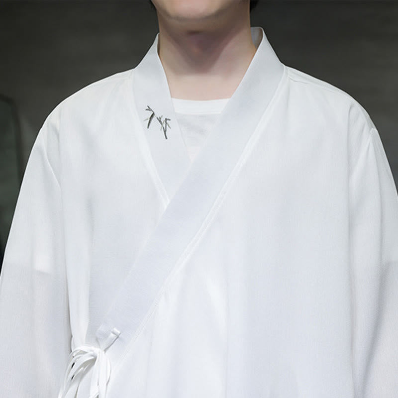 Buddha Stones 2Pcs Fall Lace-up Bamboo Embroidery Cotton Kimono Ankle-Length Pants With Pockets Men's Meditation Cloth Set - image 16