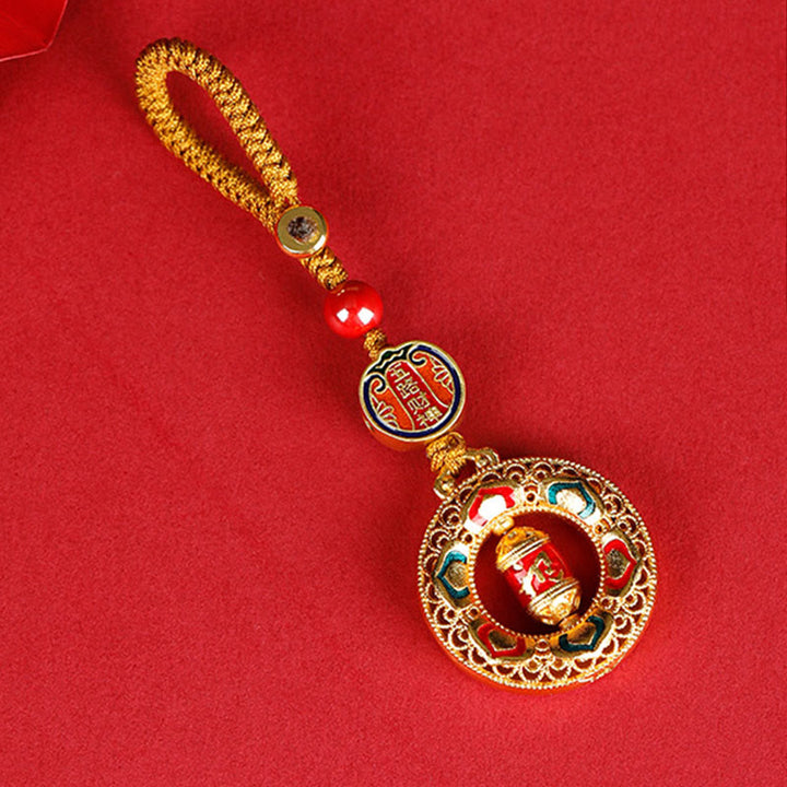 Buddha Stones Copper Prayer Wheel Five Directions Gods Of Wealth Balance Rotatable Key Chain - Five Directions Gods of Wealth - Button Rope - image 0