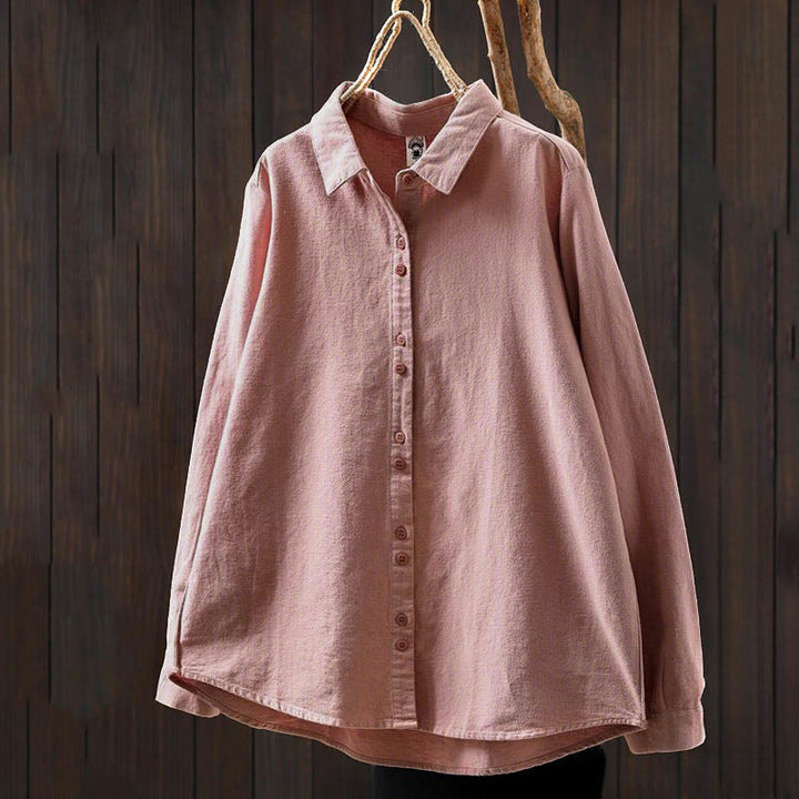 Buddha Stones Fall Solid Color Button Down Stand Collar Long Sleeve Women's Cotton Shirt - image 3