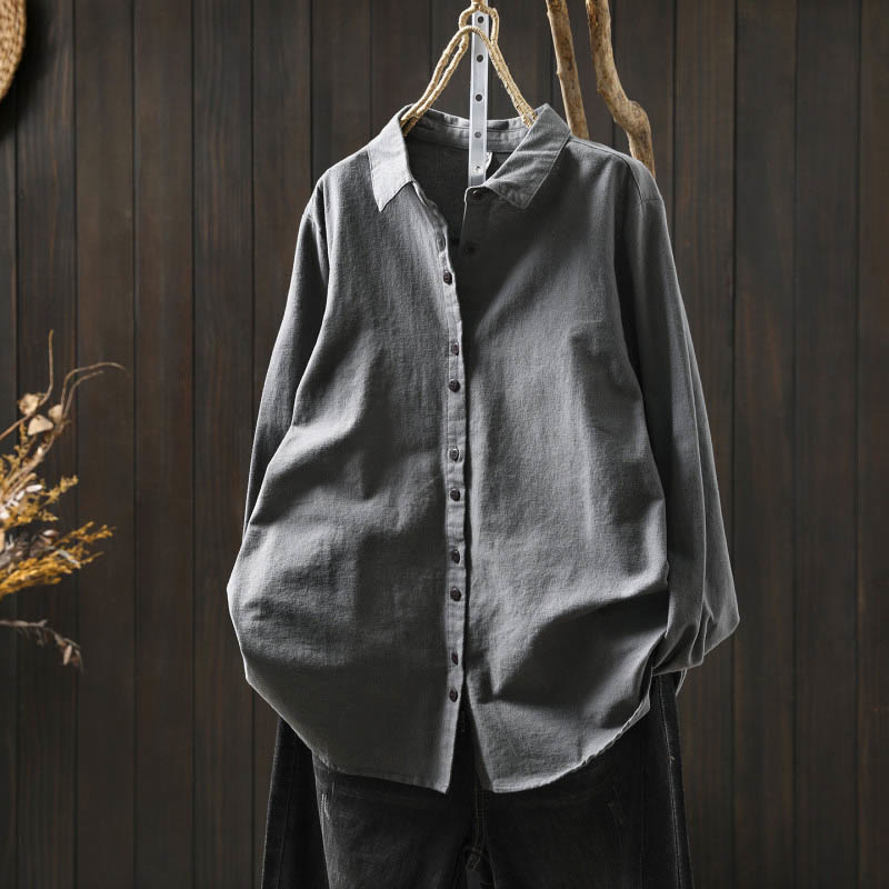 Buddha Stones Fall Solid Color Button Down Stand Collar Long Sleeve Women's Cotton Shirt - Gray - US6，UK/AU10，EU38 (L) - image 18