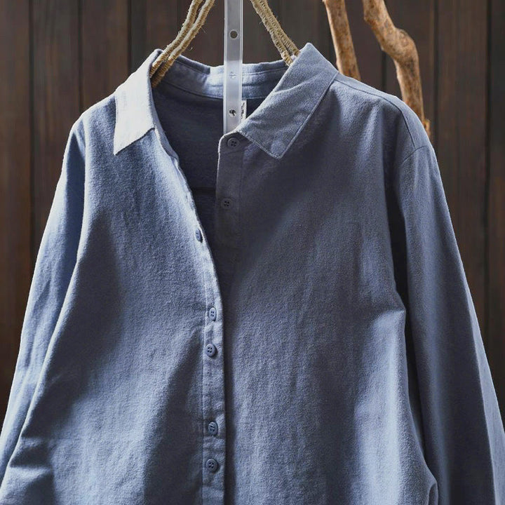 Buddha Stones Fall Solid Color Button Down Stand Collar Long Sleeve Women's Cotton Shirt - image 27