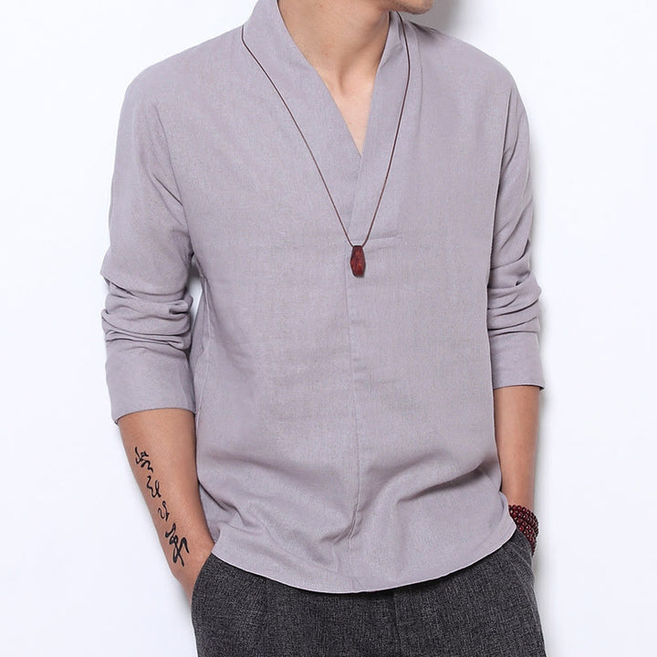 Buddha Stones Casual V-Neck Long Sleeve Shirt Men Clothing - Gainsboro - US/UK/AU44，EU54 (5XL) - image 0