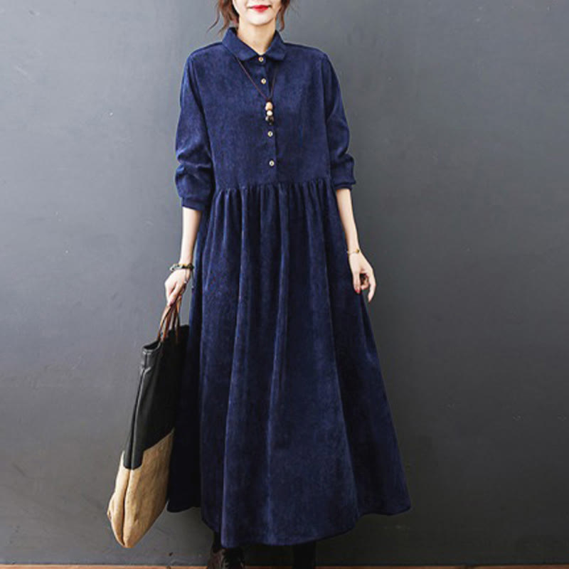 Buddha Stones Fall Buttons Design Long Sleeve Corduroy Midi Dress With Pockets - MidnightBlue - US8-10，UK/AU12-14，EU40-42 (2XL) - image 21