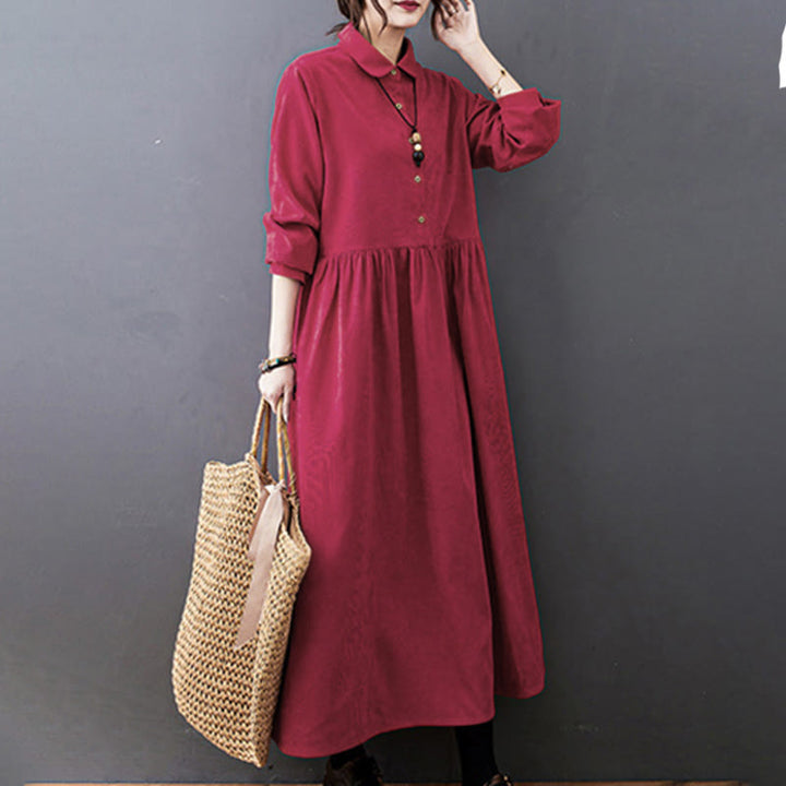 Buddha Stones Fall Buttons Design Long Sleeve Cotton Corduroy Midi Dress With Pockets - image 15
