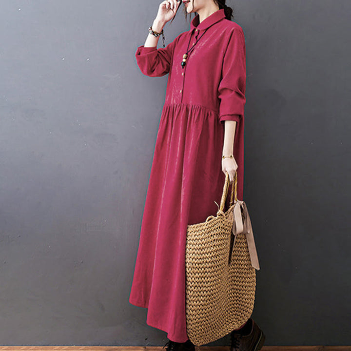 Buddha Stones Fall Buttons Design Long Sleeve Cotton Corduroy Midi Dress With Pockets - image 14