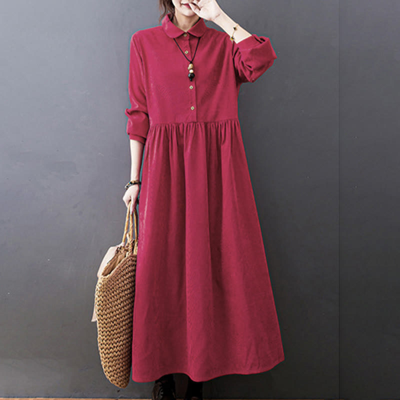 Buddha Stones Fall Buttons Design Long Sleeve Corduroy Midi Dress With Pockets - image 16