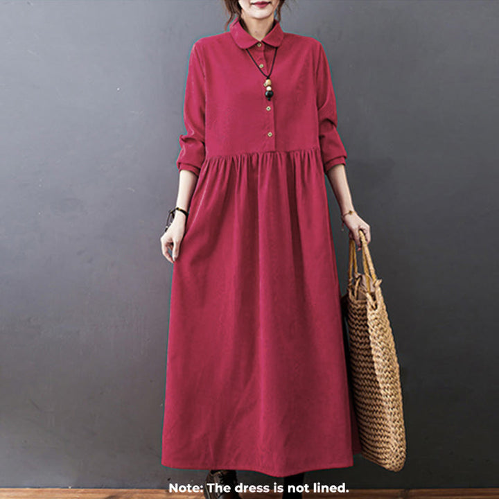 Buddha Stones Fall Buttons Design Long Sleeve Corduroy Midi Dress With Pockets - image 10