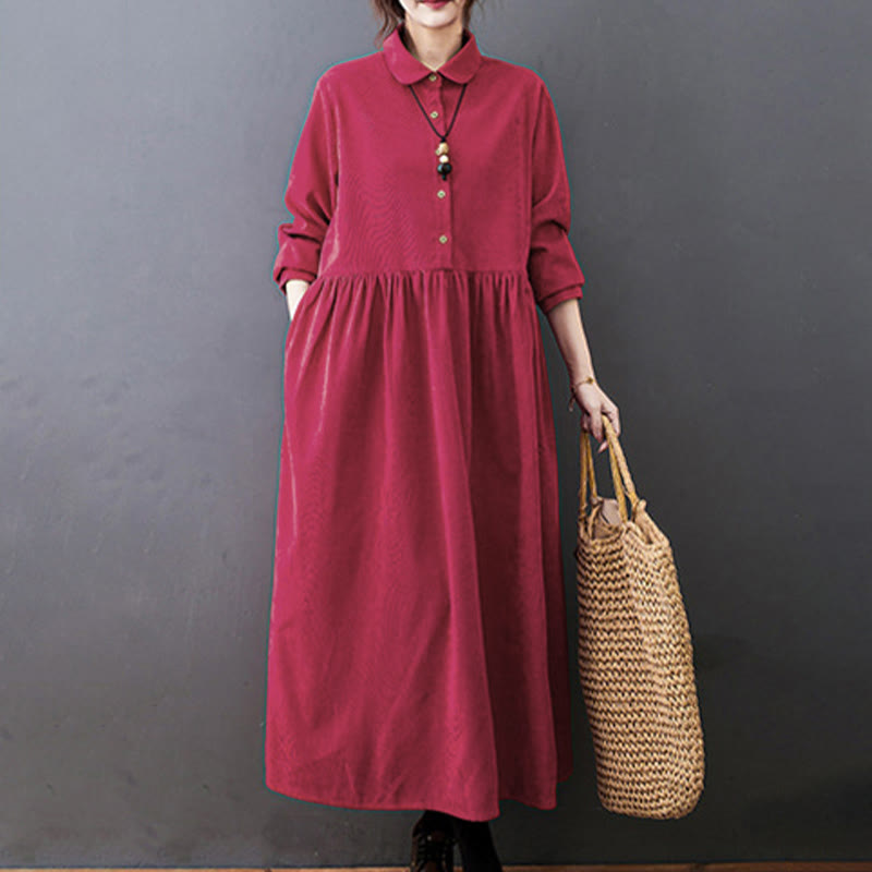 Buddha Stones Fall Buttons Design Long Sleeve Corduroy Midi Dress With Pockets - image 12