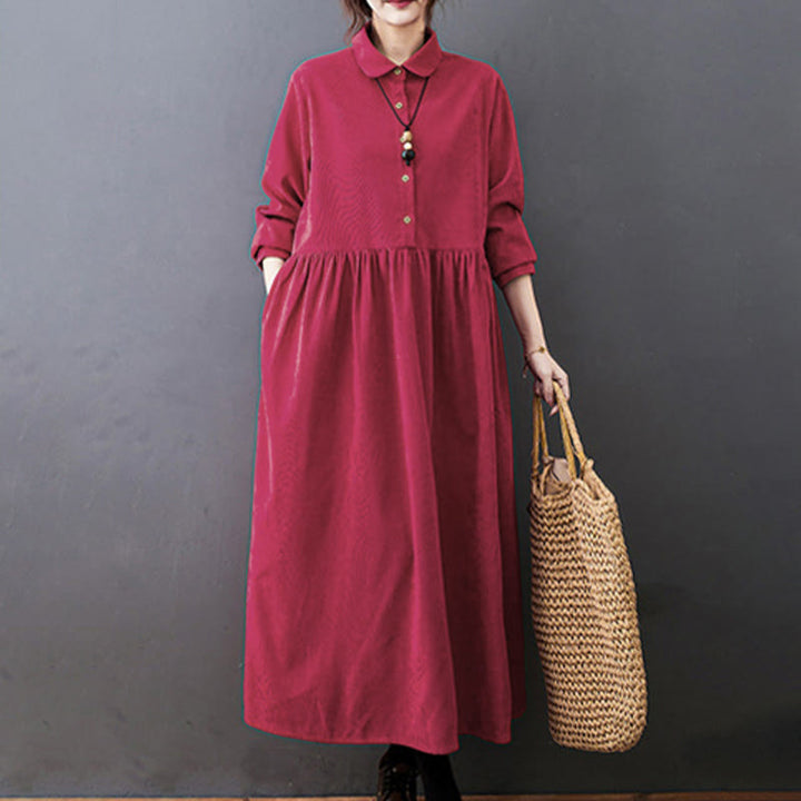 Buddha Stones Fall Buttons Design Long Sleeve Cotton Corduroy Midi Dress With Pockets - image 12