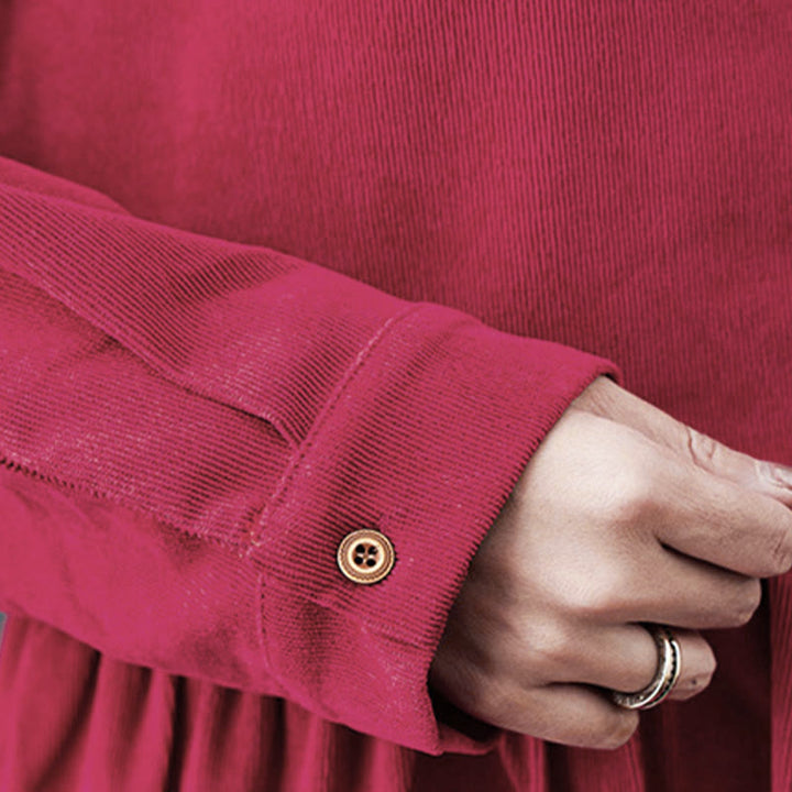 Buddha Stones Fall Buttons Design Long Sleeve Corduroy Midi Dress With Pockets - image 19