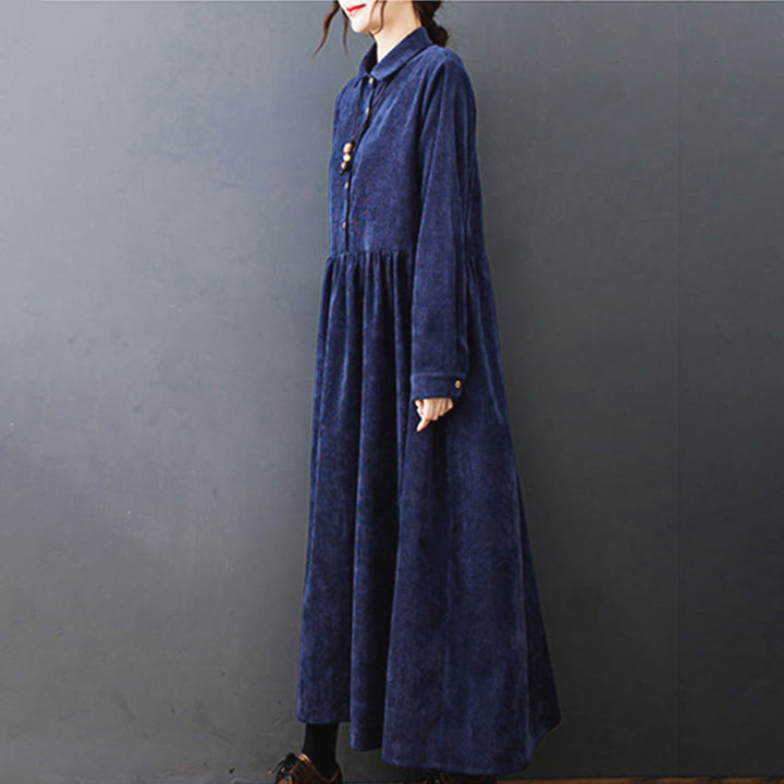 Buddha Stones Fall Buttons Design Long Sleeve Corduroy Midi Dress With Pockets - image 24