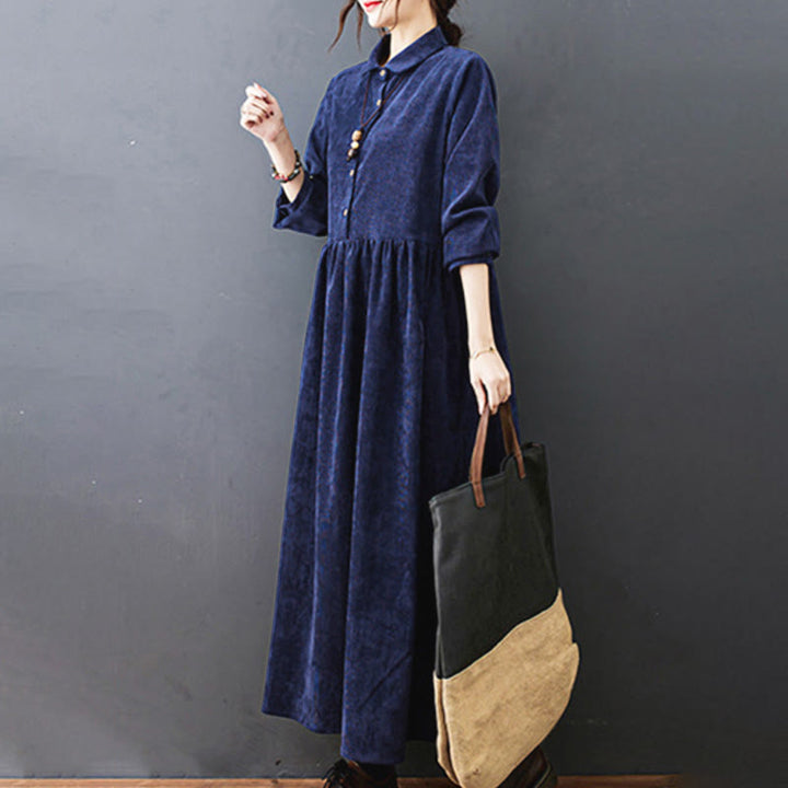 Buddha Stones Fall Buttons Design Long Sleeve Cotton Corduroy Midi Dress With Pockets - image 26