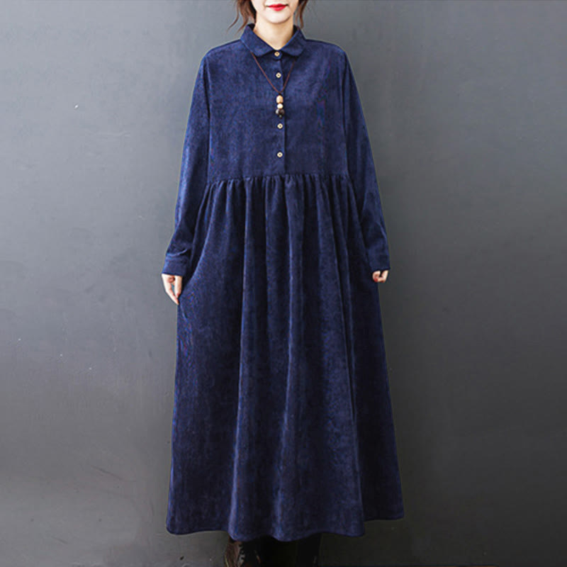 Buddha Stones Fall Buttons Design Long Sleeve Corduroy Midi Dress With Pockets - image 23
