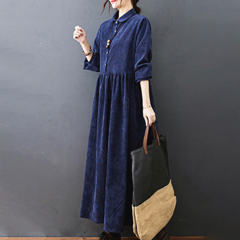 Buddha Stones Fall Buttons Design Long Sleeve Corduroy Midi Dress With Pockets - image 26