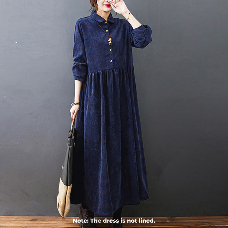 Buddha Stones Fall Buttons Design Long Sleeve Corduroy Midi Dress With Pockets - image 22