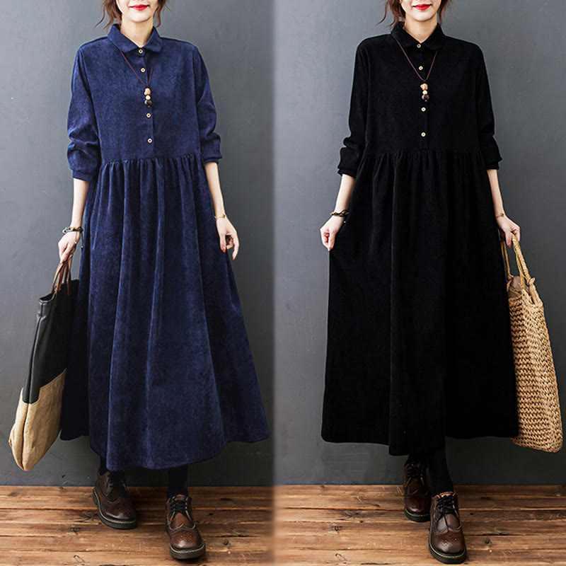 Buddha Stones Fall Buttons Design Long Sleeve Cotton Corduroy Midi Dress With Pockets - image 27