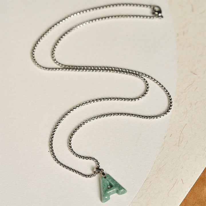 Buddha Stones Natural A-Z Letter Jade Titanium Steel Chain 925 Sterling Silver Chain Prosperity Necklace Pendant - image 4