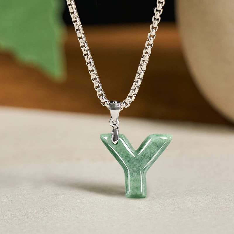 Buddha Stones Natural A-Z Letter Jade Titanium Steel Wide Chain Prosperity Necklace Pendant - Y - image 33