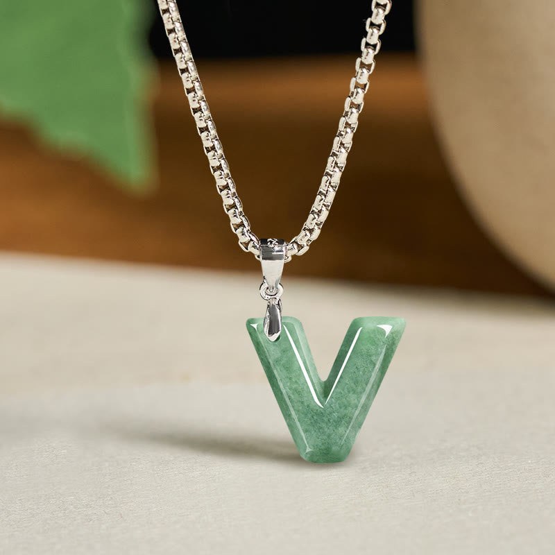Buddha Stones Natural A-Z Letter Jade Titanium Steel Wide Chain Prosperity Necklace Pendant - V - image 30